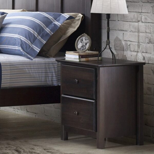 Farmhouse Solid Pine Wood 2 Drawer Nightstand in Espresso 3