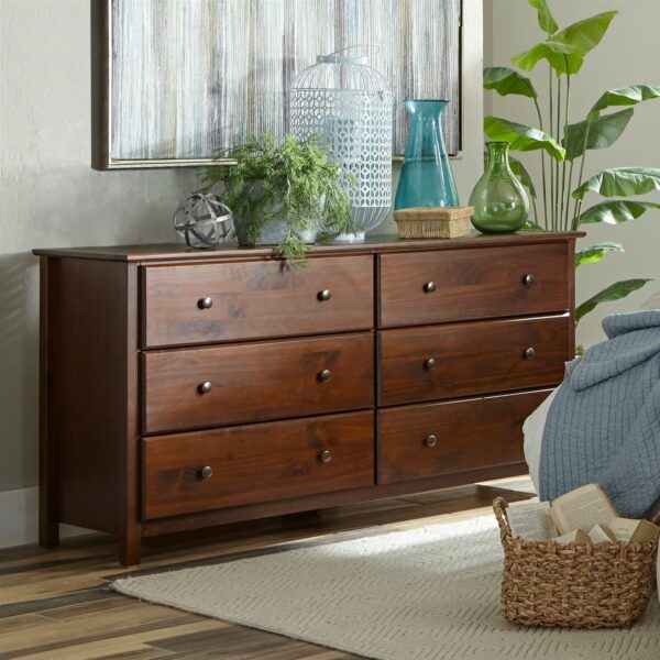 Farmhouse Solid Pine Wood 6 Drawer Dresser in Cherry Finish 3