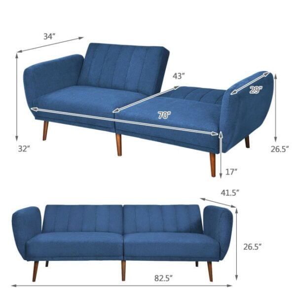 Modern Scandinavian Blue Linen Upholstered Sofa Bed with Wooden Legs 2 Copy
