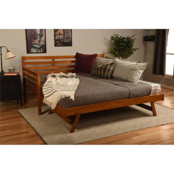 Solid Wood Day Bed Frame with Pull out Pop Up Trundle Bed in Medium Brown 2