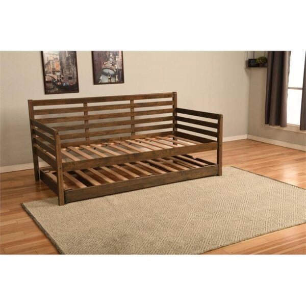 Solid Wood Daybed Frame with Twin Pop Up Trundle Bed in Walnut Finish 2