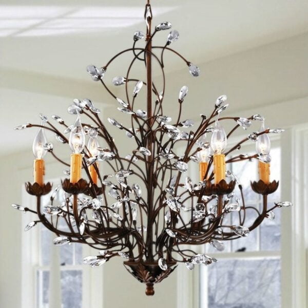 Antique Bronze 6 light Crystal and Iron Chandelier