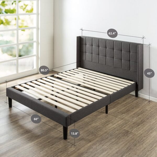 Queen size Grey Wingback Upholstered Platform Bed 3