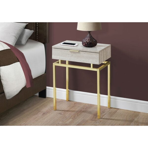 24in Modern End Table 1 Drawer Nightstand Beige Marble Gold Legs II
