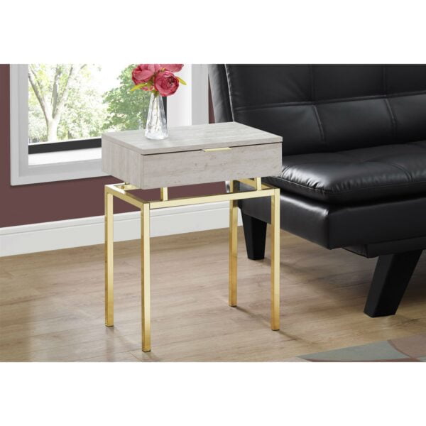 24in Modern End Table 1 Drawer Nightstand Beige Marble Gold Legs III