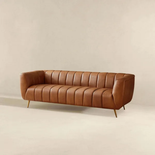 Ava Genuine Italian Tan Leather Channel Tufted Sofa II jpg