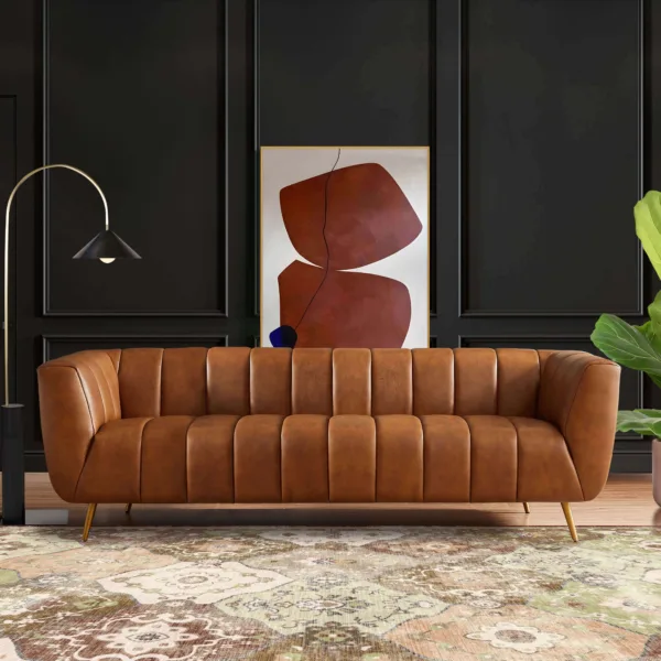 Ava Genuine Italian Tan Leather Channel Tufted Sofa VII scaled