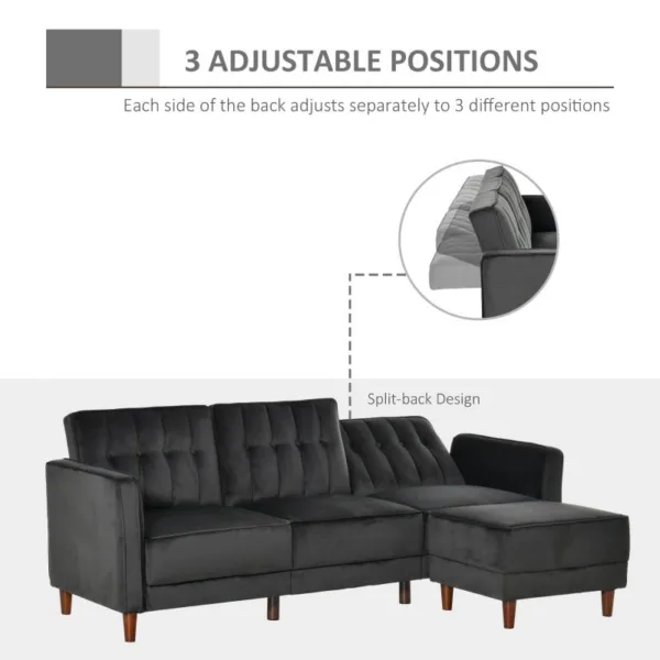 Modern Mid Century Reversible L Shaped Sectional Sleeper Sofa in Black Velvet II jpg