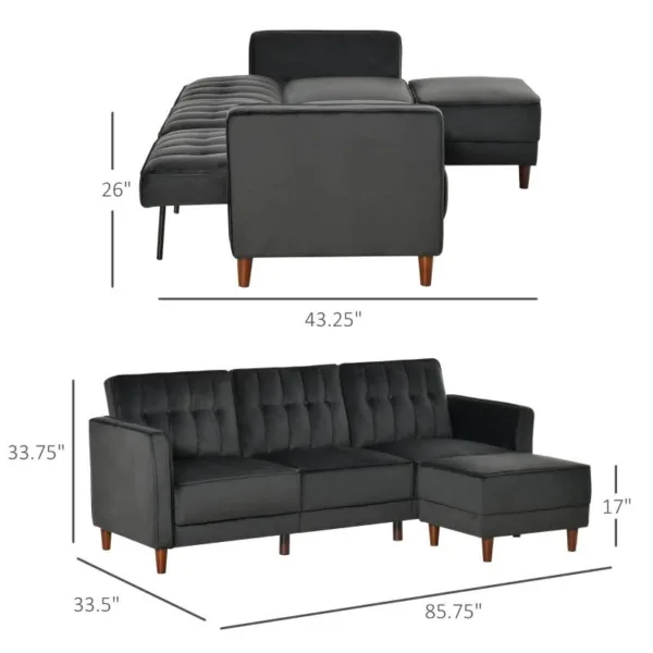 Modern Mid Century Reversible L Shaped Sectional Sleeper Sofa in Black Velvet III jpg