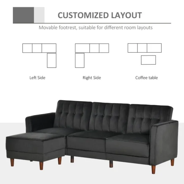 Modern Mid Century Reversible L Shaped Sectional Sleeper Sofa in Black Velvet IV jpg