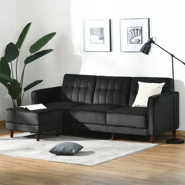Modern Mid Century Reversible L Shaped Sectional Sleeper Sofa in Black Velvet V jpg